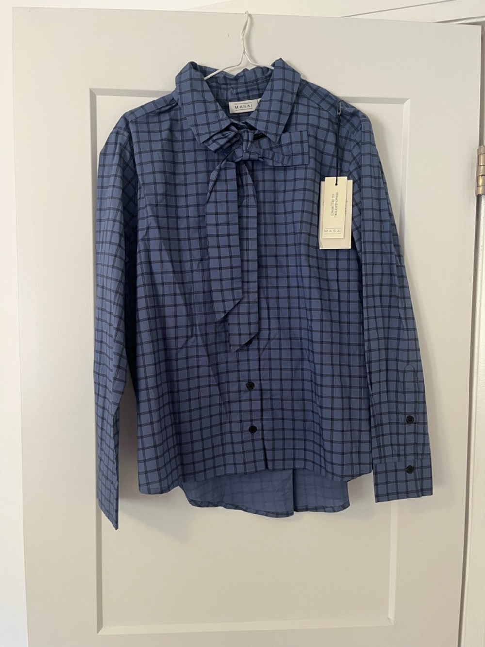 Masai Blue Plaid Tie-Neck Button-Down Blouse